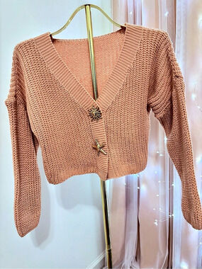 Simply Be Pink Textured Puff Sleeve Gold Button Cardigan
